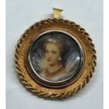 18ct gold mounted miniature portrait painting pendant set with small diamonds to hair band and earri