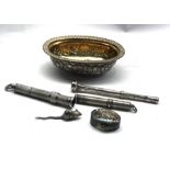 Selection of antique silver items includes Georgian silver bowl silver pencils pillbox and miniature