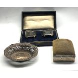 Selection of silver items includes boxed salts silver sweet dish and silver box with cushion lid