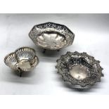 3 Antique pierced sweet dishes all with full silver hallmarks largest measures approx 14cm dia total