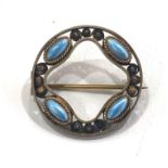 Antique Silver Gilt Scandinavian Filigree Brooch w/ Blue Guilloche Enamel, Attributed to Marius