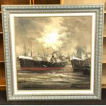 large signed oil on canvas shipping scene 34ins by 35ins