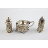 Vintage Hallmarked 1939 Birmingham sterling silver ornate cruet set inc one w/ blue liner maker -