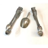 Antique Russian silver tea caddy spoon and 2 Georgian silver sugar tongues