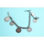 Victorian Albertina sterling silver watch chain with coin pendants, dog clip & acorn (30g)