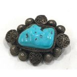 Antique Chinese Export Sterling Silver Polished Turquoise Nugget Brooch (13.50g)