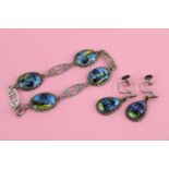 1930s Thomas L Mott handpainted butterfly wing sterling silver bracelet & screw earrings set (15g)