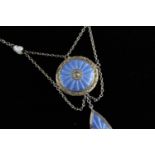 Vintage .925 sterling silver guilloche enamel drop pendant necklace w/ pearl adornments