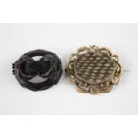 2 x Antique mourning brooches inc. carved bog oak, woven hair