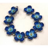 Signed Bernard Instone blue & yellow art deco enamel flower bracelet in sterling silver (29.20g)