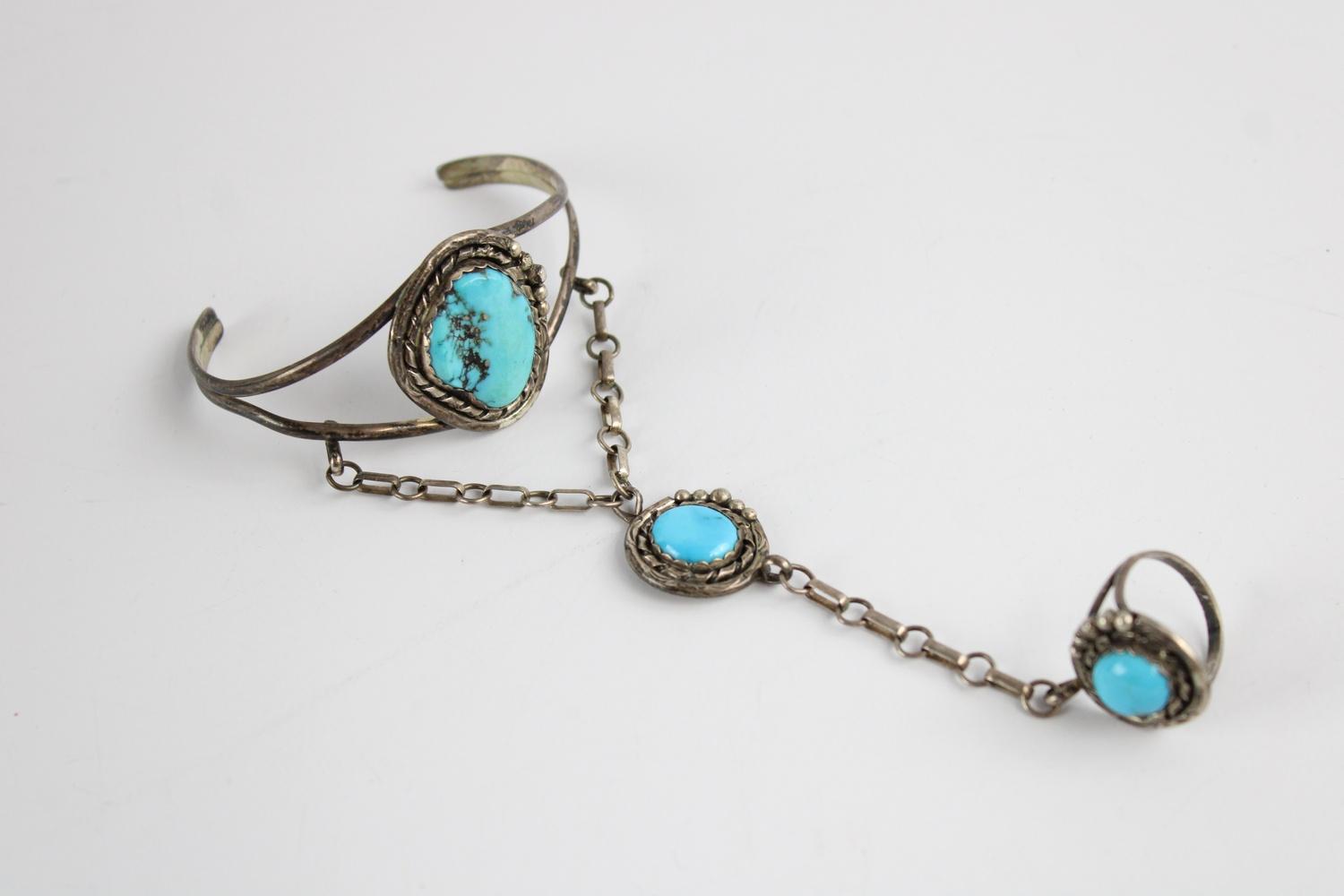 Vintage .925 sterling silver ornate navajo turquoise ring Bracelet, Ring Size N