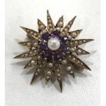 Antique Late Edwardian 9K Seed Pearl & Amethyst Starburst Brooch 7.1g