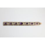 Vintage .900 silver amethyst panel bracelet w/ engraved foliate detailing