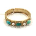 Antique high carat gold bracelet set with turquoise and pearls, weighs 23.6g
