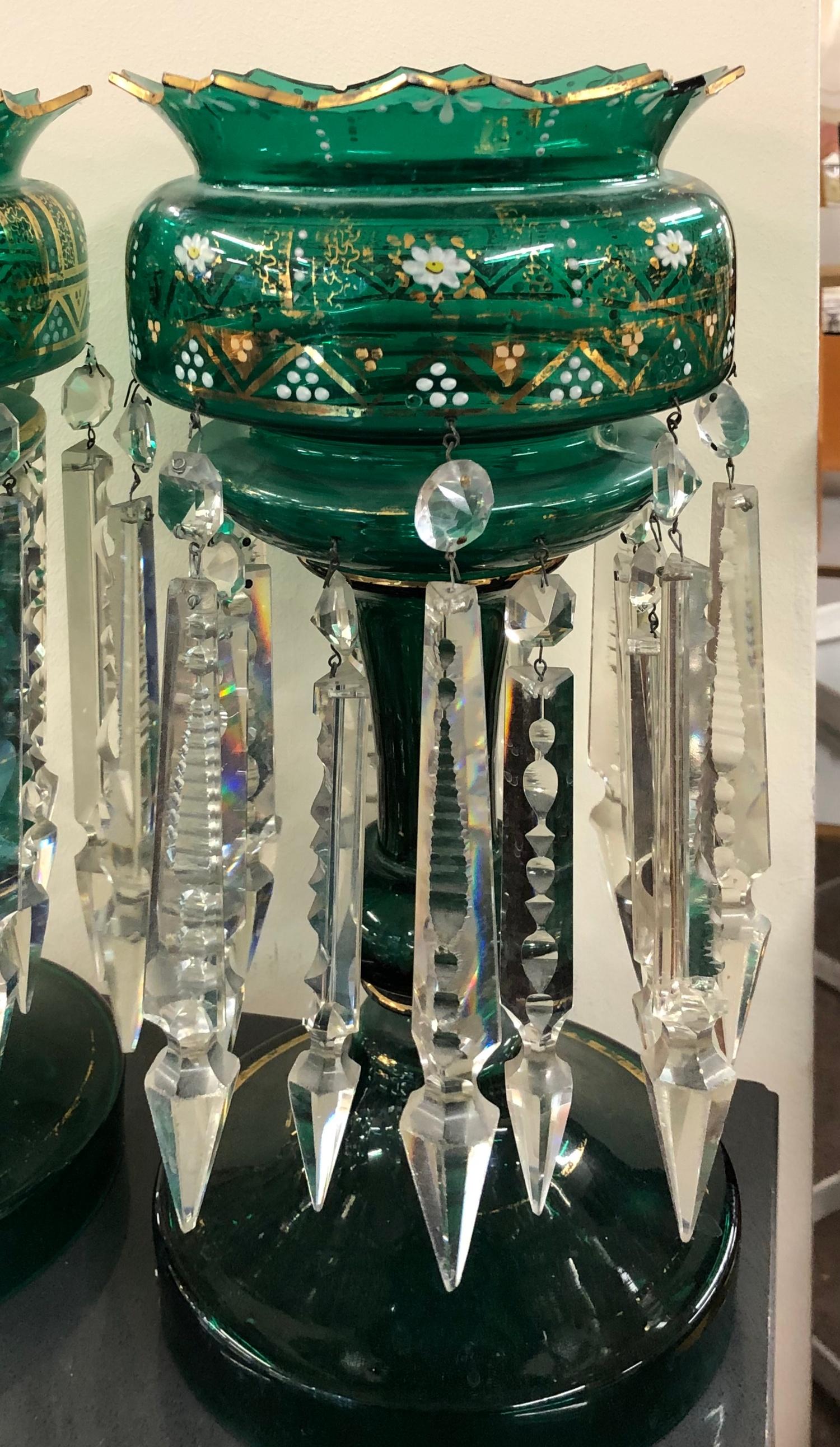 Pair of victorian green glass lustres complete with glass droppers - Image 3 of 3