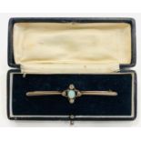 Art deco opal & diamond bar brooch 9k gold & silver topped