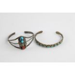 2 x Navajo native american sterling silver turquoise and coral set cuff bracelets