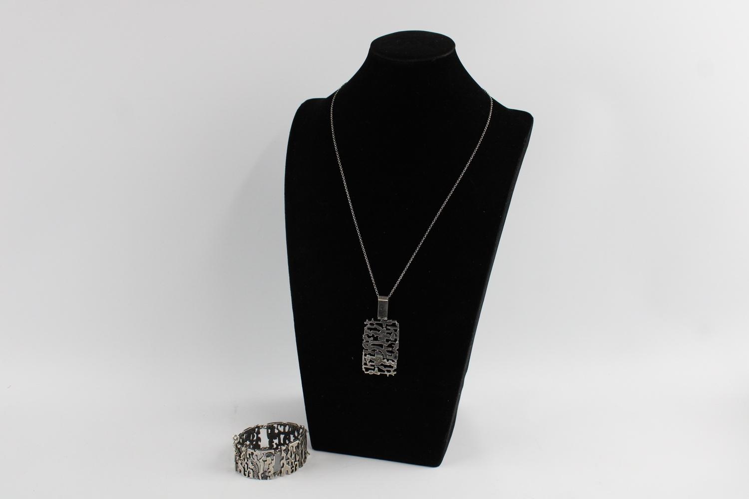 Vintage .835 silver textured modernist pendant necklace & bracelet set