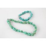 Elegant .925 sterling silver clasped large turquoise nugget necklace and bracelet