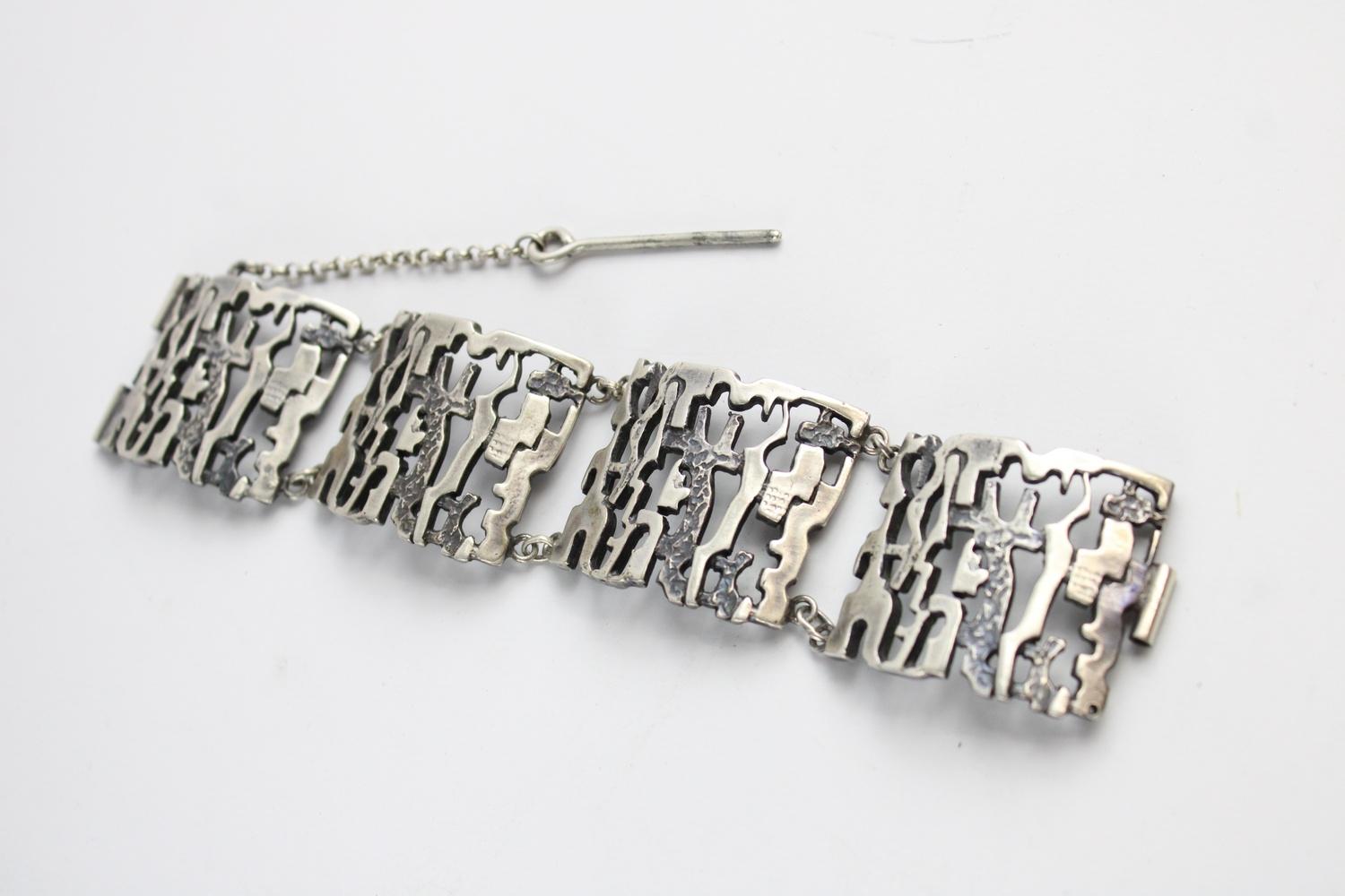 Vintage .835 silver textured modernist pendant necklace & bracelet set - Image 3 of 4