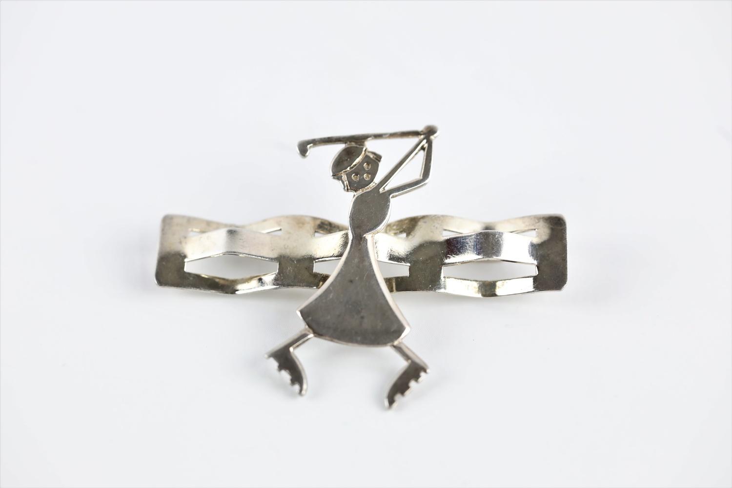 Leonore Doskow 1950's sterling silver lady golf tee holder bar brooch