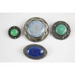 4 x Arts and Crafts pewter and glazed ceramic Ruskin style brooches