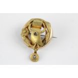 Antique Etruscian revival seed pearl set gold plated brooch