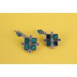 Victorian Scottish revival malachite inlay silver earrings c. 1860s with kite mark (2.7g)