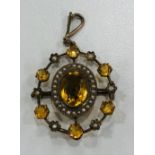 Antique Edwardian citrine & seed pearl brooch / pendant in 9ct yellow gold