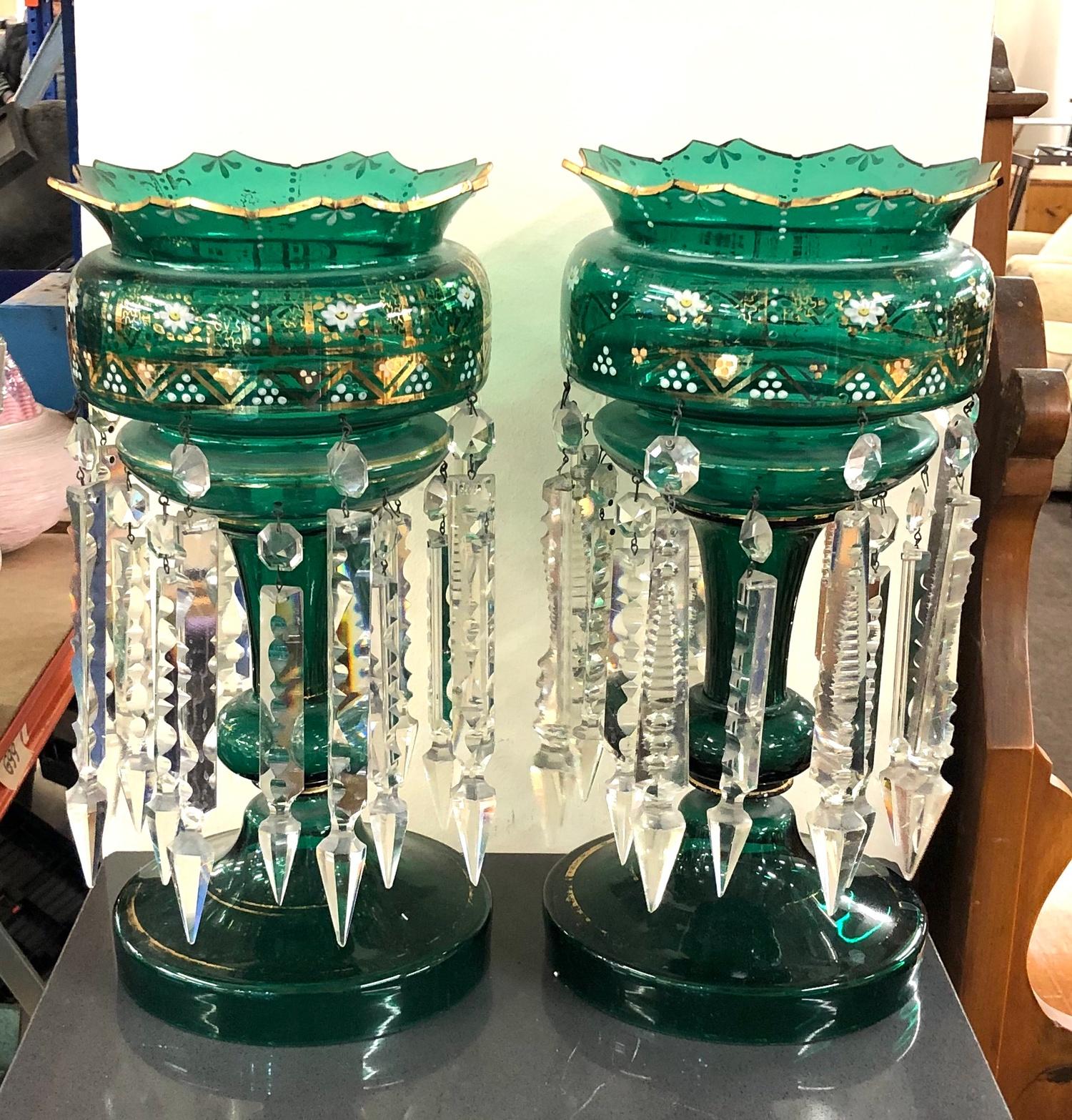 Pair of victorian green glass lustres complete with glass droppers