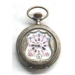 Continental silver goliath size enamel dial pocket watch with railway scene on back measures