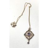 Late Victorian 9ct gold seed pearl and amethyst pendant necklace (2.75g)
