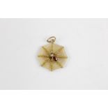 Vintage 9ct gold rhondolite garnet and seed pearl set spider on a web pendant charm (XRF Tested)