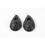 Victorian Whitby jet carved drop cameo earrings