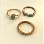 3 Vintage gold rings includes 22ct wedding ring and 2 18ct gold diamond rings