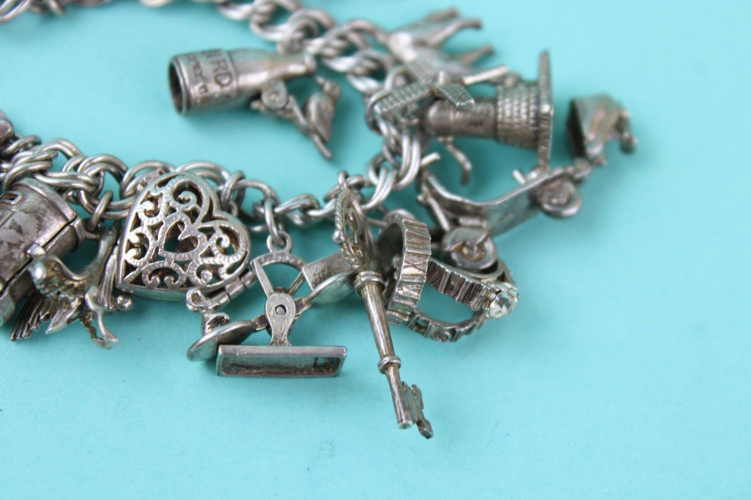 Vintage heart padlock loaded sterling silver charm bracelet (72g) - Image 3 of 3