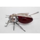 Vintage Mappin and Webb silver plate & ruby glass bee form honey pot & berry spoon stamped to the