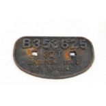 Vintage 1988 heavy cast iron railway wagon plate Shildon B353625