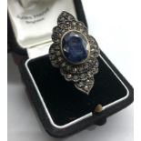 Large silver rose diamond and sapphire dress ring central blue stone measures approx 15mm by12mm