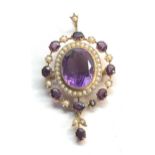 Fine large gold victorian Amethyst and seed-pearl pendant set with large centre stone that
