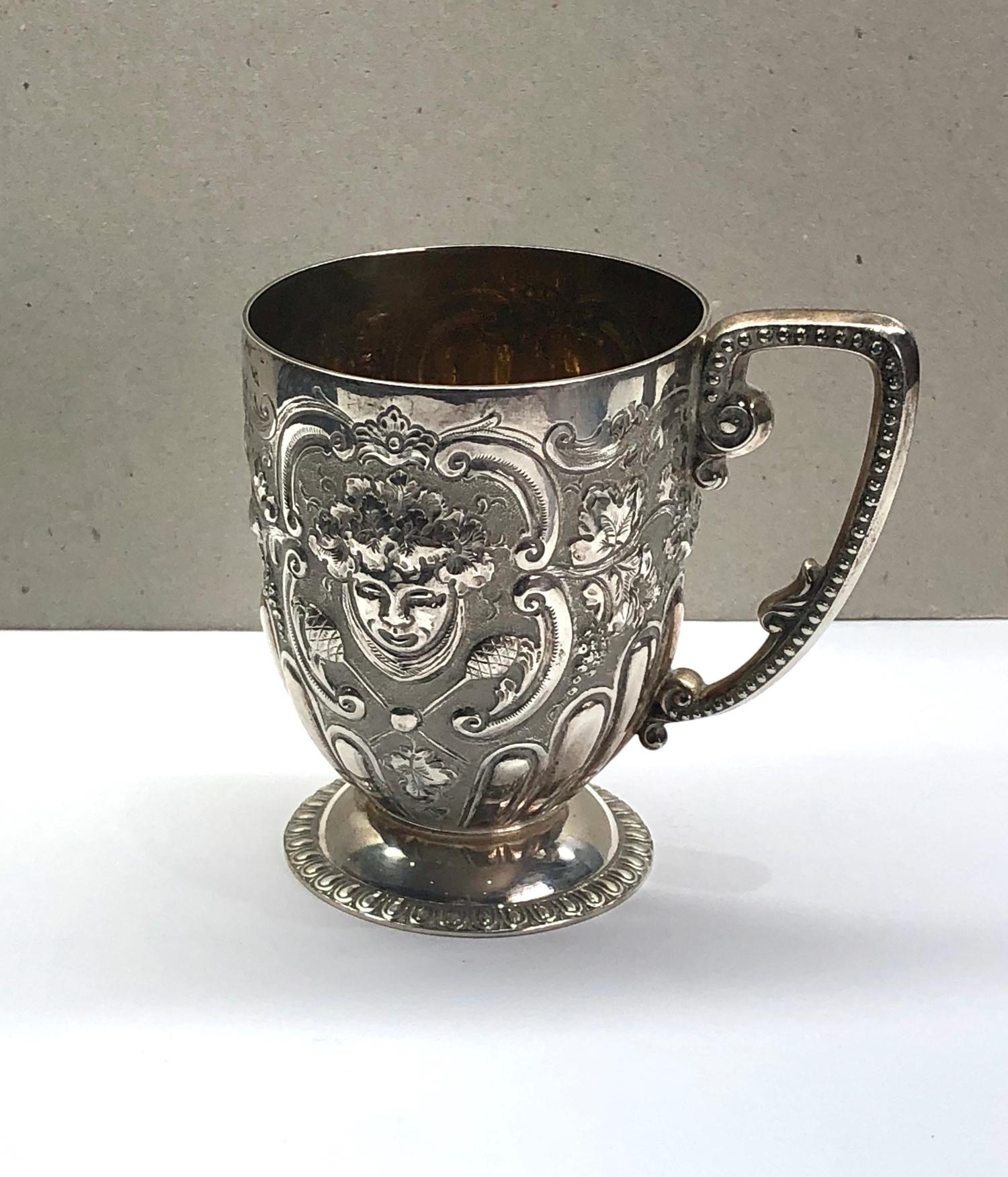 Antique ornate silver mug London silver hallmarks engraved initials measures approx. height 9cm