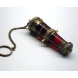 Antique ruby glass chatelaine combined scent bottle and vinaigrette measures approx. 8.5cm long
