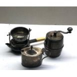 3 vintage silver items incudes tea strainer mustard pot and pepper grinder