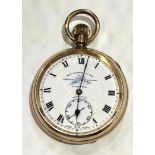 Thos Russell & sons open face pocket watch gold plated case movement reads Thoms Russell & sons
