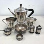 Collection of Silver items to include a 3 piece Silver tea service, cruet set, Indian silver bowl