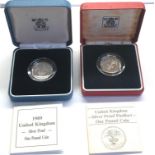 2 boxed Royal Mint one pound coins 1985 piedfort and 1989 silver proof