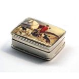 Silver pill box enamel hunting scene lid not hallmarked but acid tested as silver measures approx