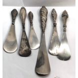 Selection of 5 antique silver shoe horns, largest measures approx 25cm long