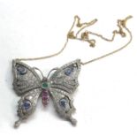 Large diamond emerald ruby and sapphire stone set butterfly pendant measures approx 45mm by 46mm and