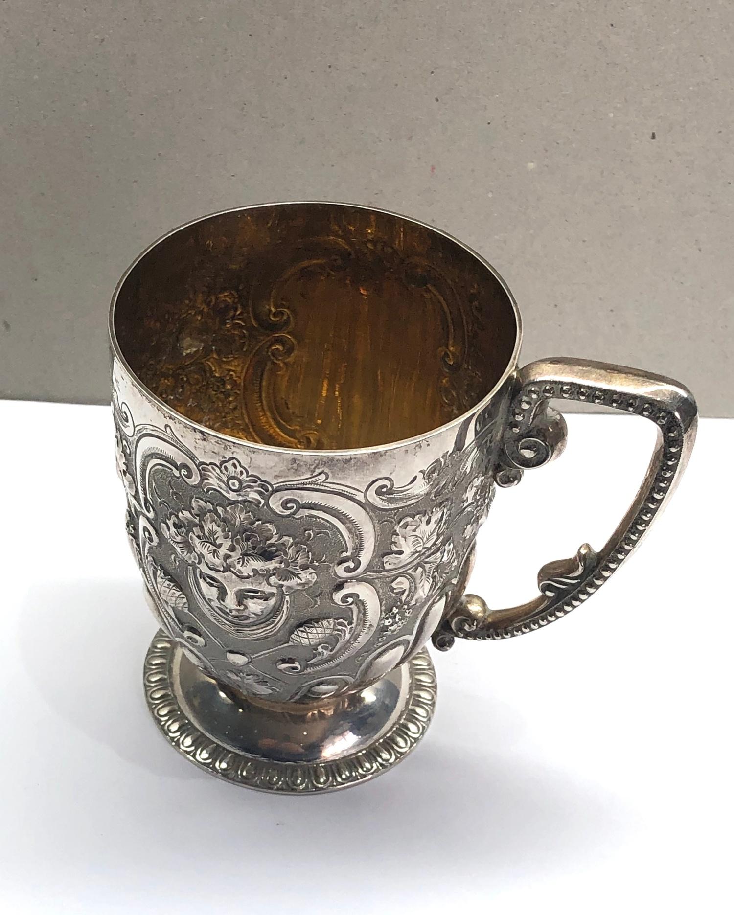 Antique ornate silver mug London silver hallmarks engraved initials measures approx. height 9cm - Image 2 of 5